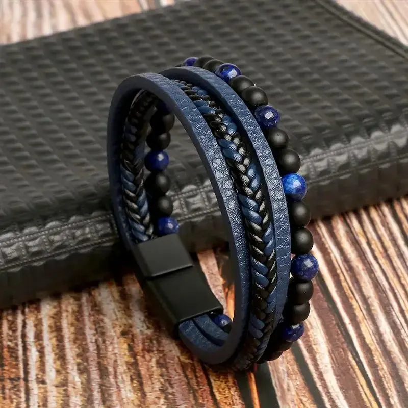 Fashion Volcanic Stone Beaded Bracelet Mutilayer Braided Leather Bracelet For Men Stainless Steel Magnetic Bangle Jewelry Gift