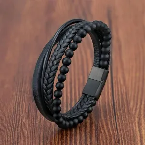 Fashion Volcanic Stone Beaded Bracelet Mutilayer Braided Leather Bracelet For Men Stainless Steel Magnetic Bangle Jewelry Gift