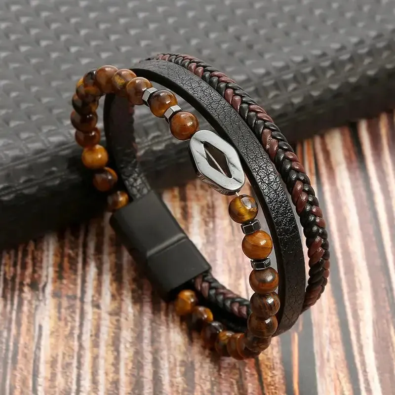 Fashion Volcanic Stone Beaded Bracelet Mutilayer Braided Leather Bracelet For Men Stainless Steel Magnetic Bangle Jewelry Gift