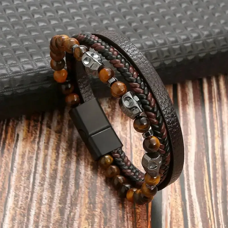 Fashion Volcanic Stone Beaded Bracelet Mutilayer Braided Leather Bracelet For Men Stainless Steel Magnetic Bangle Jewelry Gift