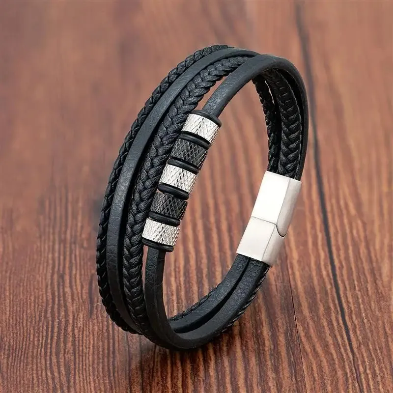 Fashion Volcanic Stone Beaded Bracelet Mutilayer Braided Leather Bracelet For Men Stainless Steel Magnetic Bangle Jewelry Gift