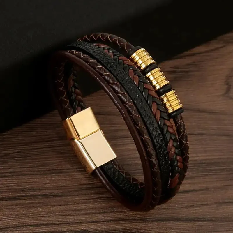 Fashion Volcanic Stone Beaded Bracelet Mutilayer Braided Leather Bracelet For Men Stainless Steel Magnetic Bangle Jewelry Gift