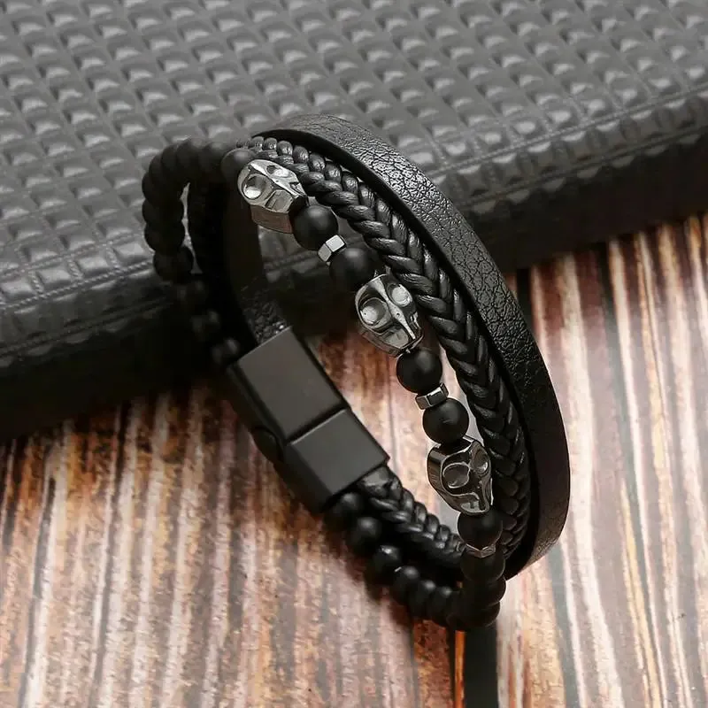 Fashion Volcanic Stone Beaded Bracelet Mutilayer Braided Leather Bracelet For Men Stainless Steel Magnetic Bangle Jewelry Gift