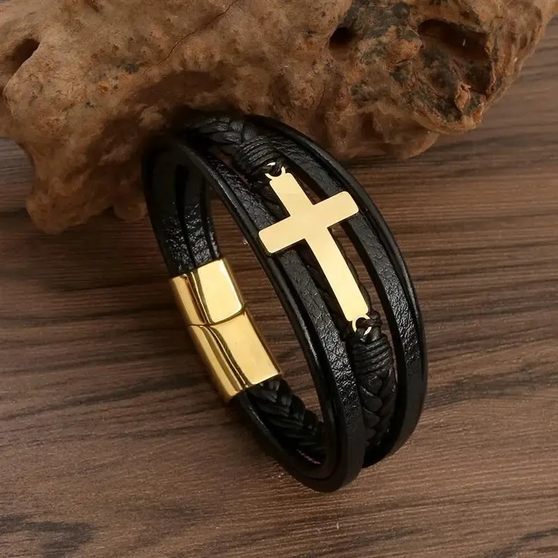 Fashion Volcanic Stone Beaded Bracelet Mutilayer Braided Leather Bracelet For Men Stainless Steel Magnetic Bangle Jewelry Gift