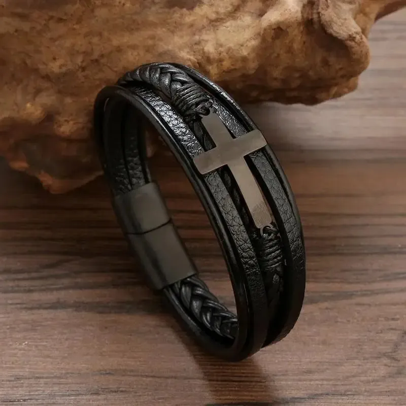 Fashion Volcanic Stone Beaded Bracelet Mutilayer Braided Leather Bracelet For Men Stainless Steel Magnetic Bangle Jewelry Gift