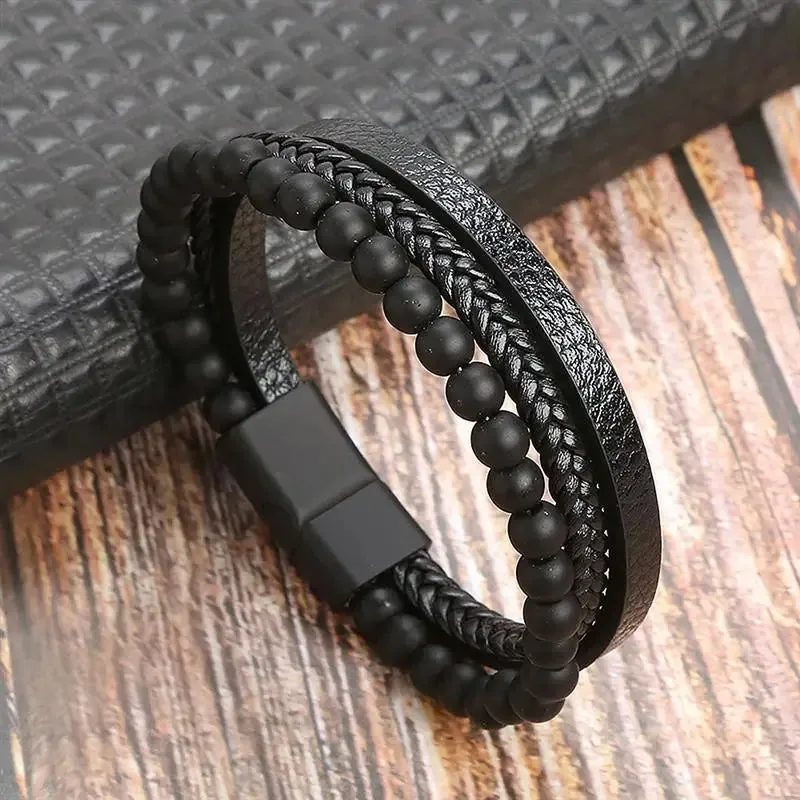 Fashion Volcanic Stone Beaded Bracelet Mutilayer Braided Leather Bracelet For Men Stainless Steel Magnetic Bangle Jewelry Gift