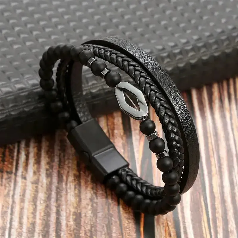 Fashion Volcanic Stone Beaded Bracelet Mutilayer Braided Leather Bracelet For Men Stainless Steel Magnetic Bangle Jewelry Gift