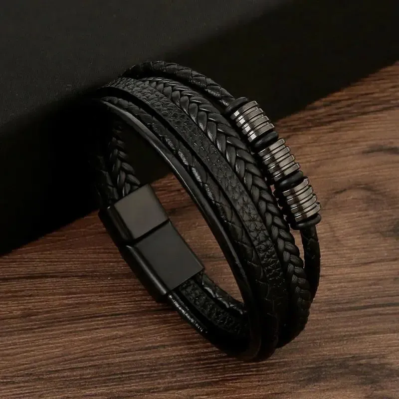 Fashion Volcanic Stone Beaded Bracelet Mutilayer Braided Leather Bracelet For Men Stainless Steel Magnetic Bangle Jewelry Gift