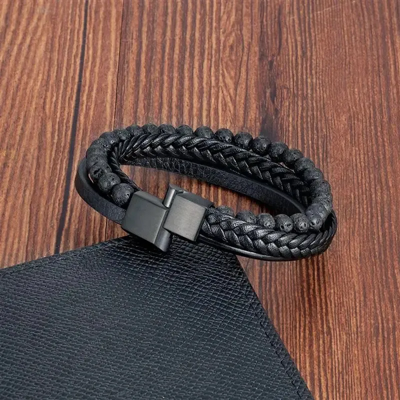 Fashion Volcanic Stone Beaded Bracelet Mutilayer Braided Leather Bracelet For Men Stainless Steel Magnetic Bangle Jewelry Gift