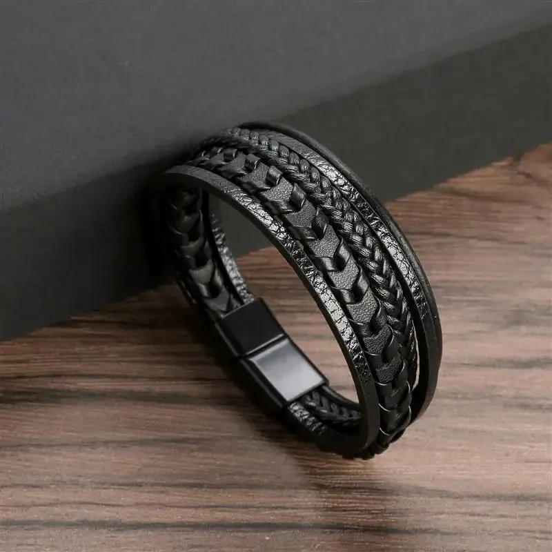 Fashion Volcanic Stone Beaded Bracelet Mutilayer Braided Leather Bracelet For Men Stainless Steel Magnetic Bangle Jewelry Gift