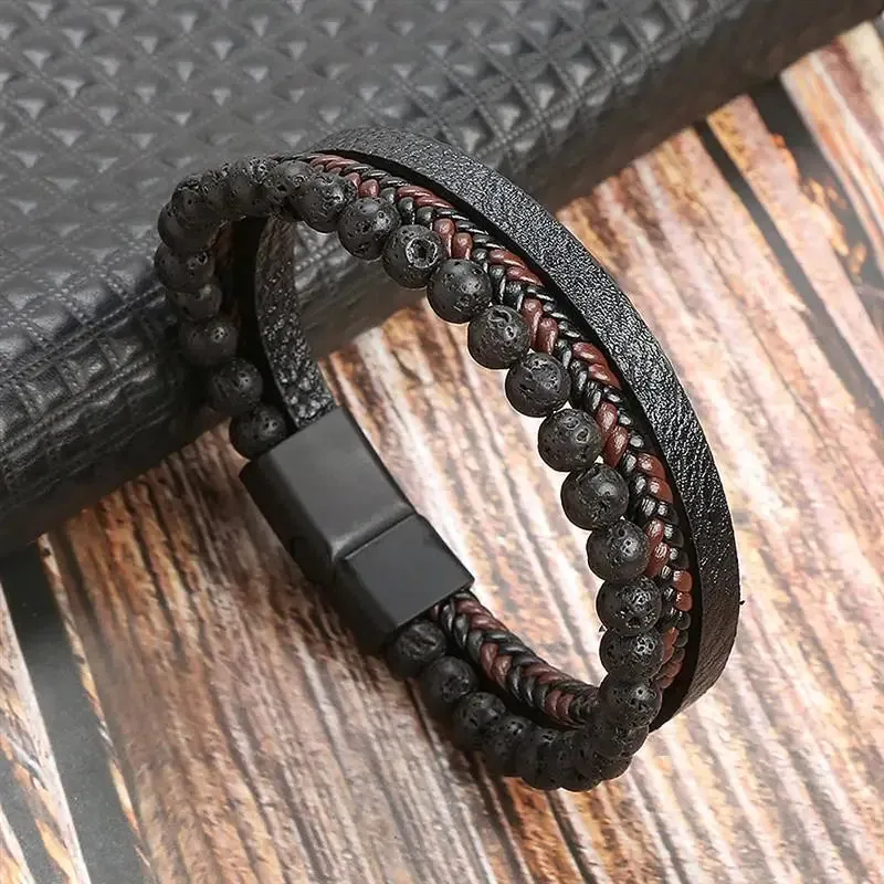 Fashion Volcanic Stone Beaded Bracelet Mutilayer Braided Leather Bracelet For Men Stainless Steel Magnetic Bangle Jewelry Gift