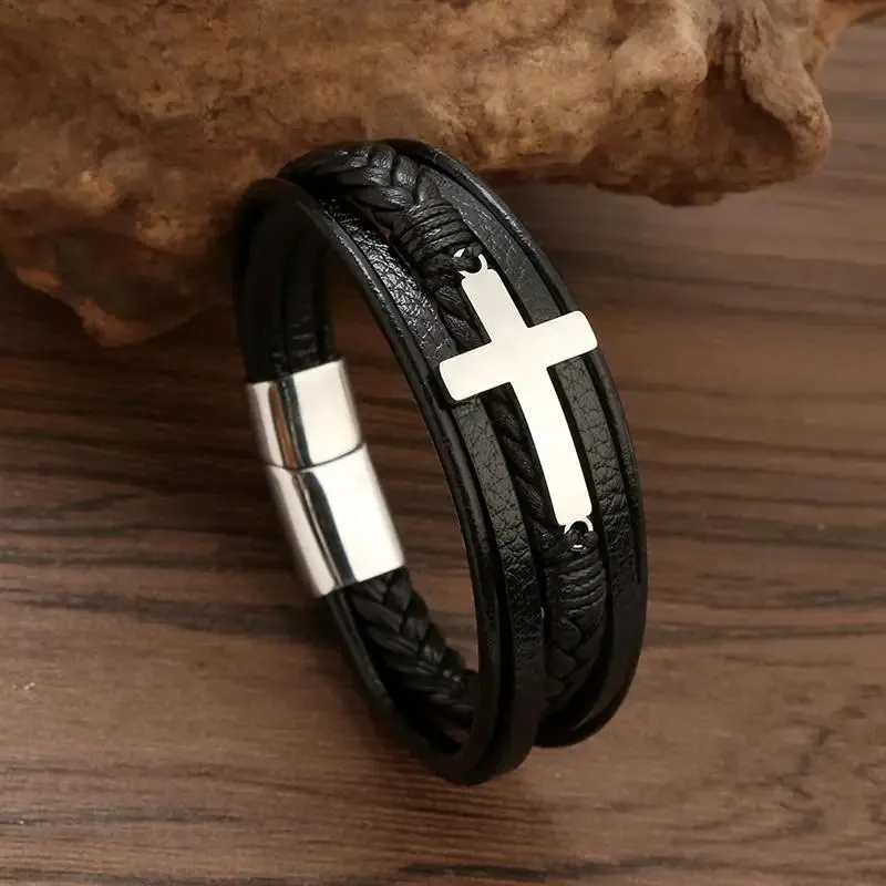 Fashion Volcanic Stone Beaded Bracelet Mutilayer Braided Leather Bracelet For Men Stainless Steel Magnetic Bangle Jewelry Gift