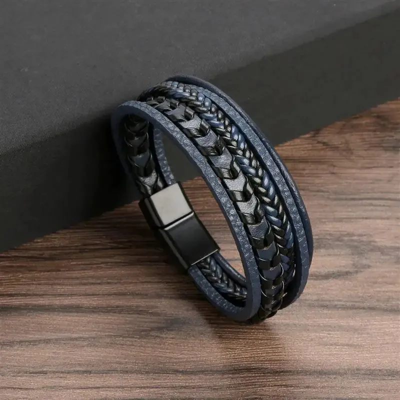 Fashion Volcanic Stone Beaded Bracelet Mutilayer Braided Leather Bracelet For Men Stainless Steel Magnetic Bangle Jewelry Gift