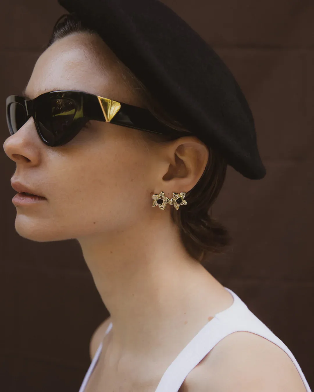 Flower Power Studs - Brass   18k Gold   Smokey Quartz