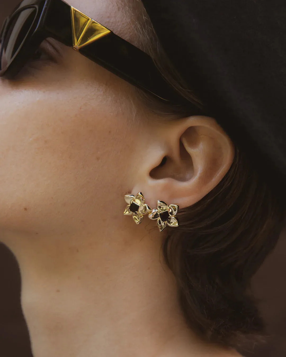 Flower Power Studs - Brass   18k Gold   Smokey Quartz