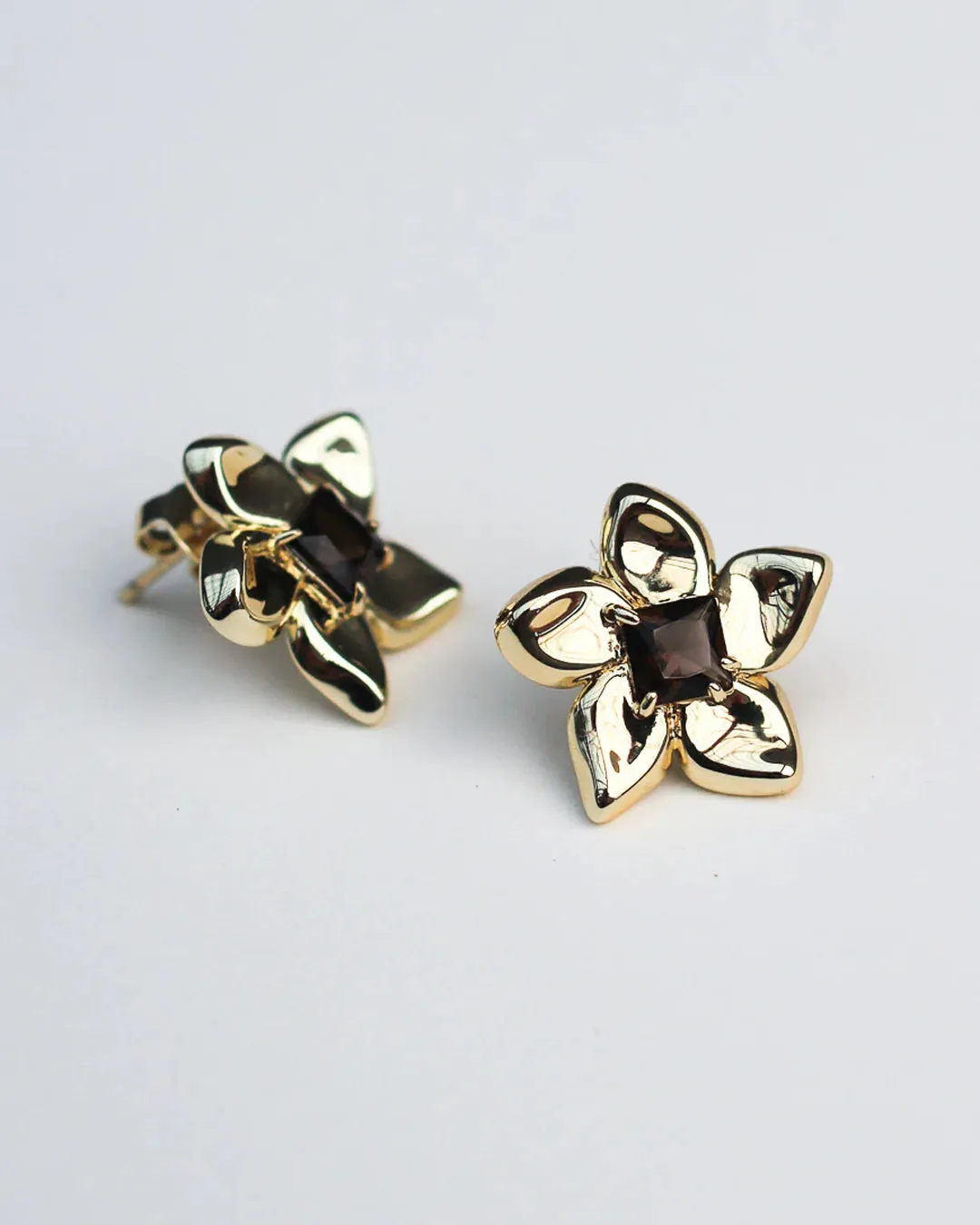 Flower Power Studs - Brass   18k Gold   Smokey Quartz