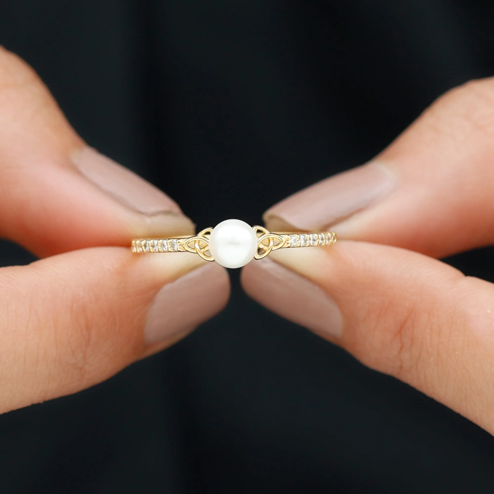 Freshwater Pearl and Diamond Side Stone Engagement Ring with Celtic Details