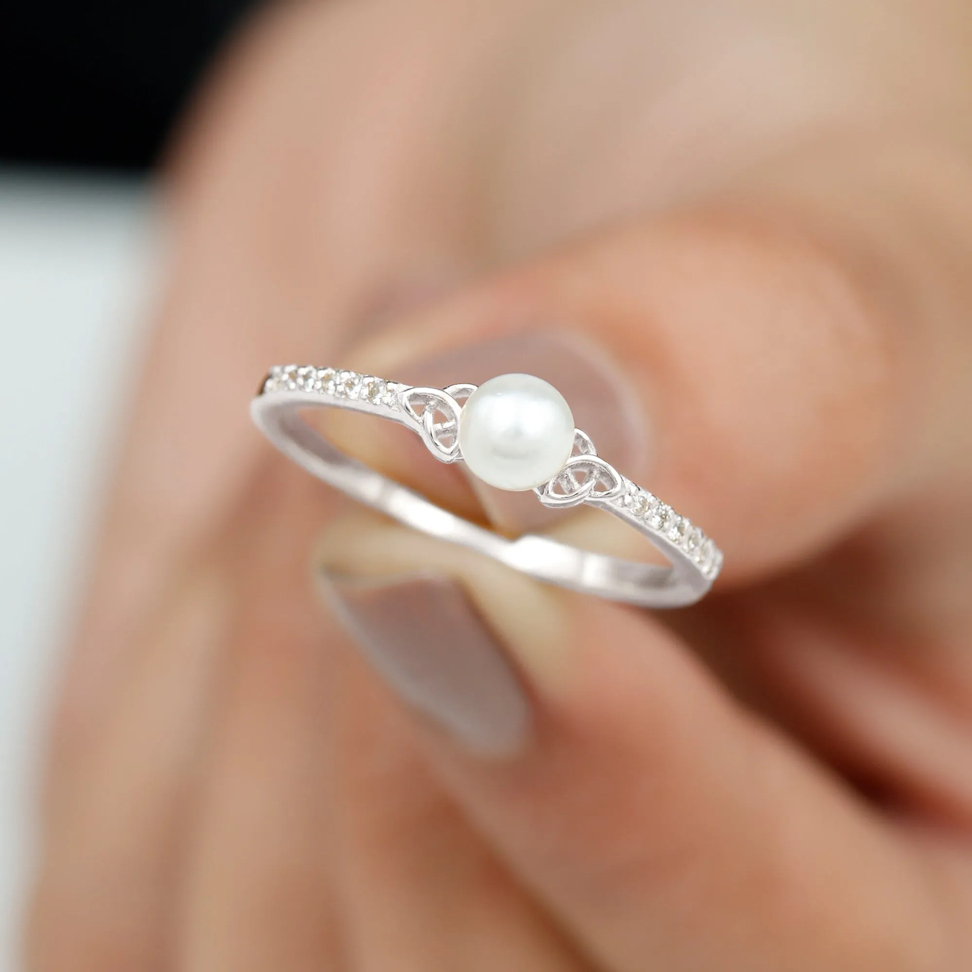 Freshwater Pearl and Diamond Side Stone Engagement Ring with Celtic Details
