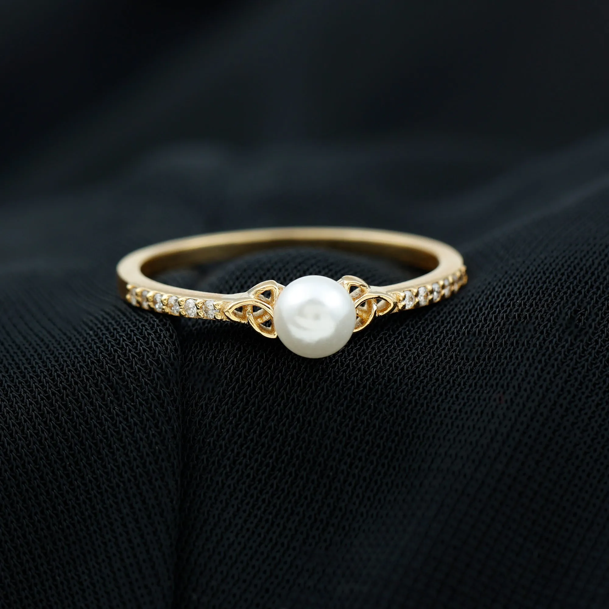 Freshwater Pearl and Diamond Side Stone Engagement Ring with Celtic Details
