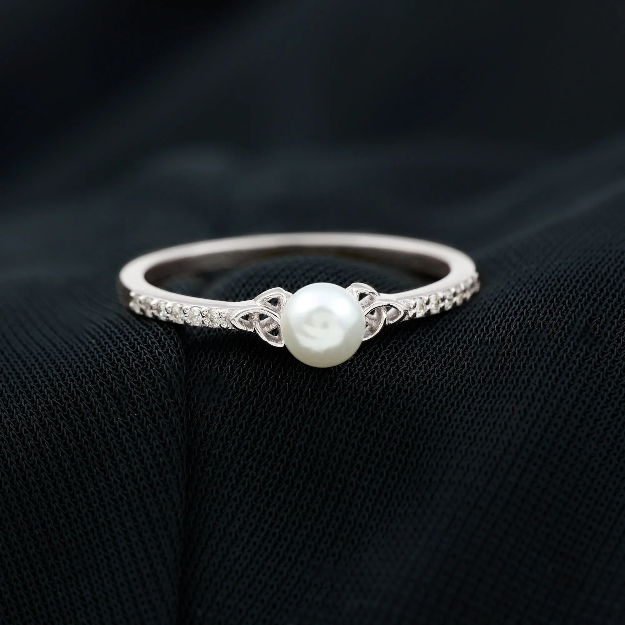 Freshwater Pearl and Diamond Side Stone Engagement Ring with Celtic Details
