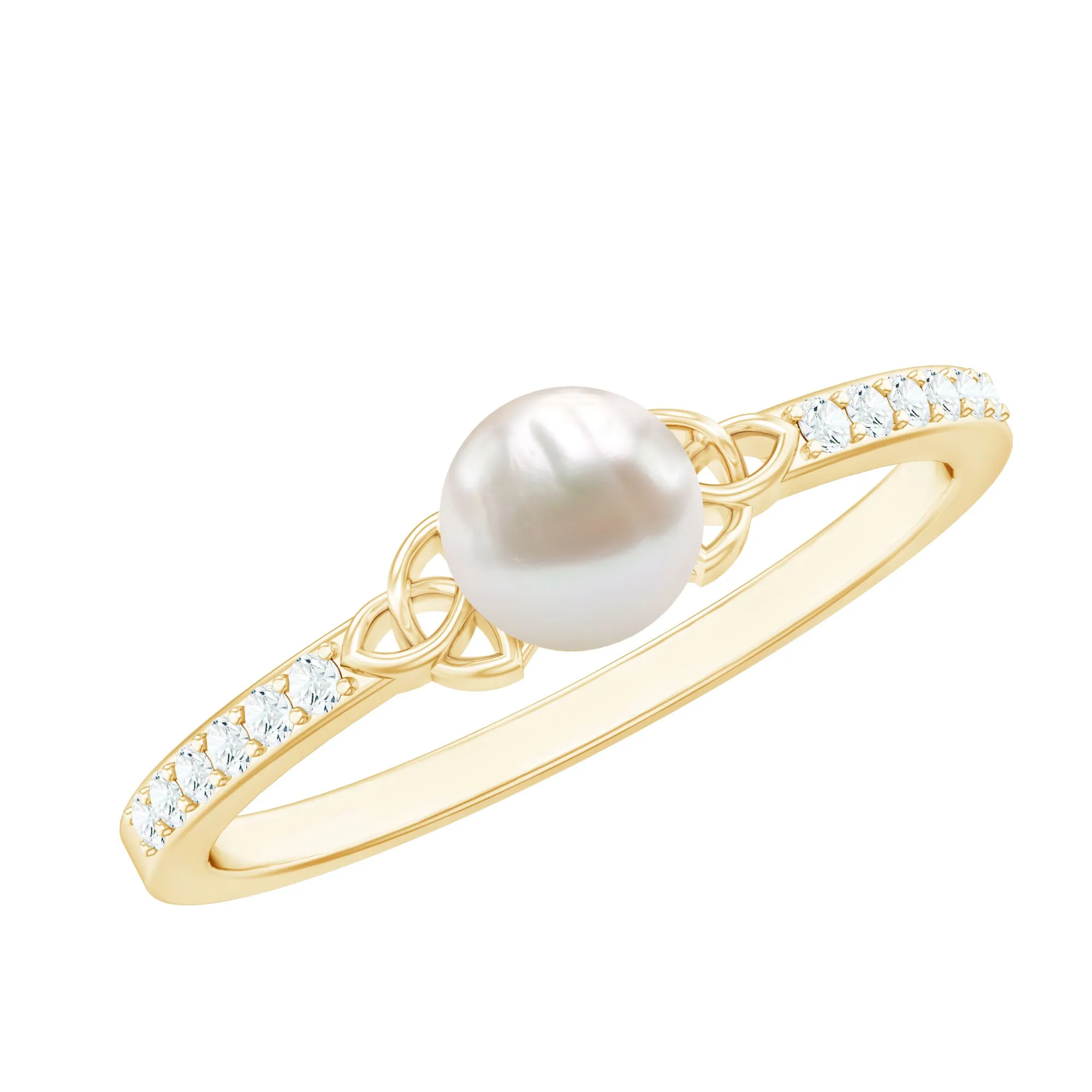 Freshwater Pearl and Diamond Side Stone Engagement Ring with Celtic Details
