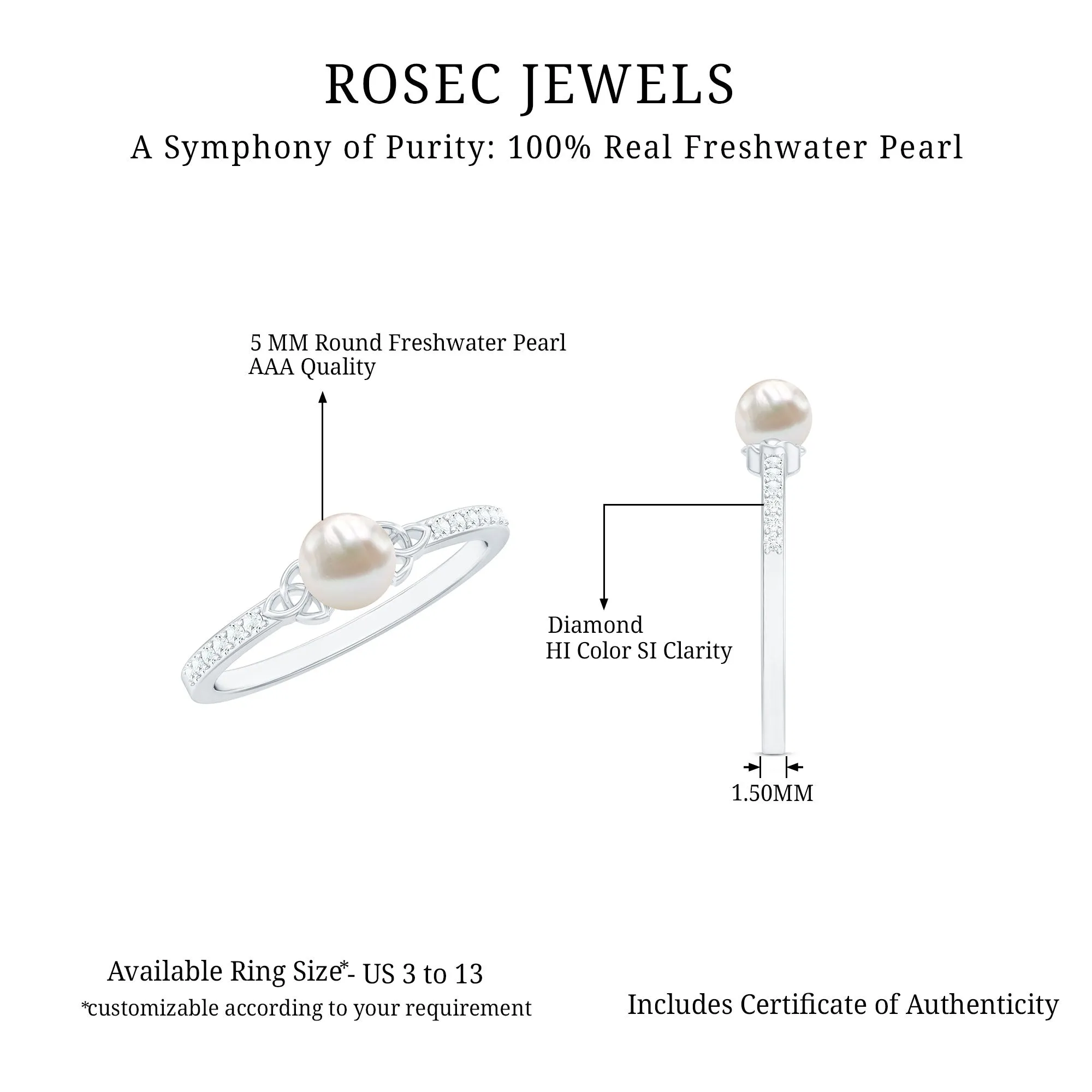 Freshwater Pearl and Diamond Side Stone Engagement Ring with Celtic Details