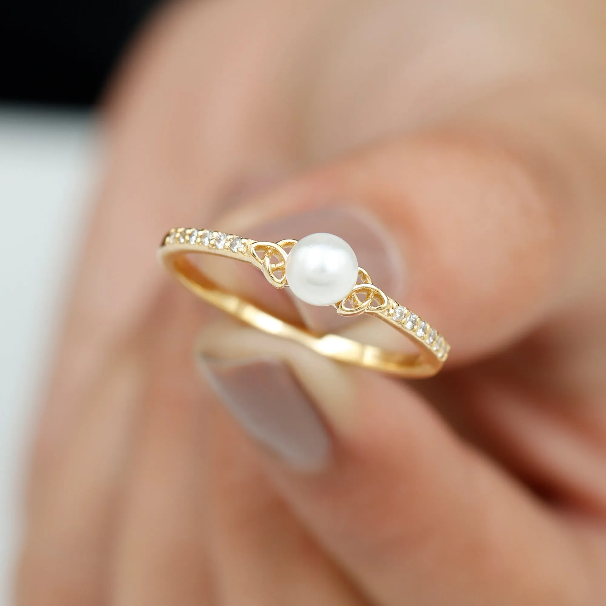 Freshwater Pearl and Diamond Side Stone Engagement Ring with Celtic Details