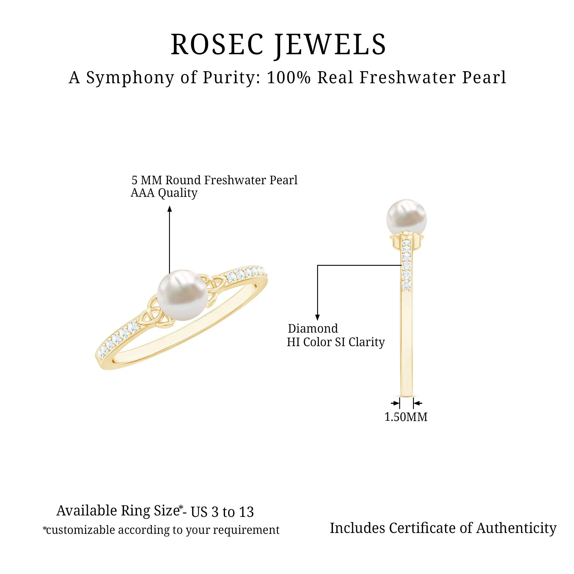 Freshwater Pearl and Diamond Side Stone Engagement Ring with Celtic Details