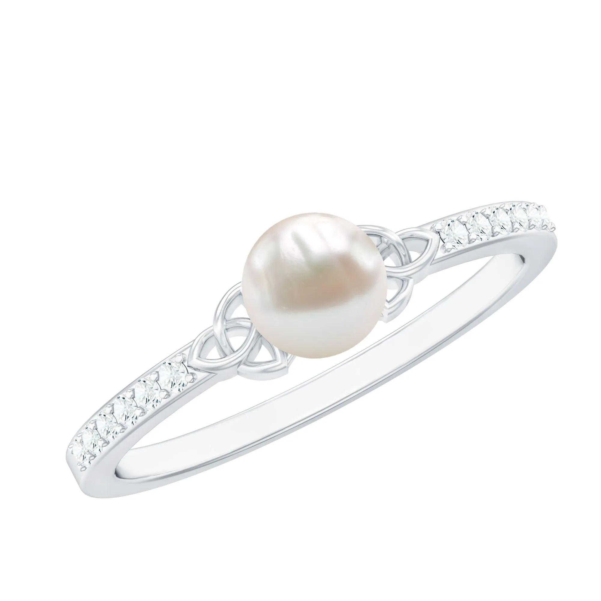 Freshwater Pearl and Diamond Side Stone Engagement Ring with Celtic Details