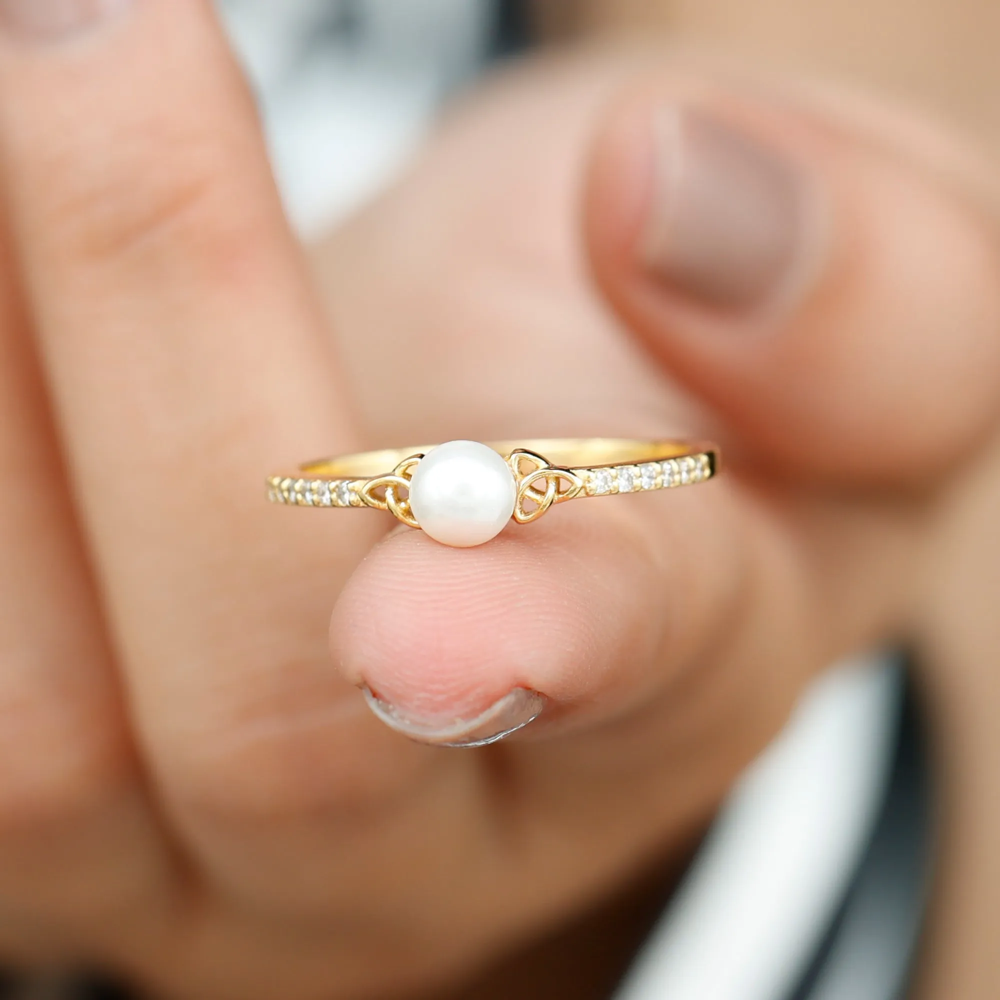 Freshwater Pearl and Diamond Side Stone Engagement Ring with Celtic Details