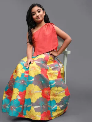 Girl's Coral & Yellow Floral Jacquard Woven Design Lehenga Choli - Aks Girls