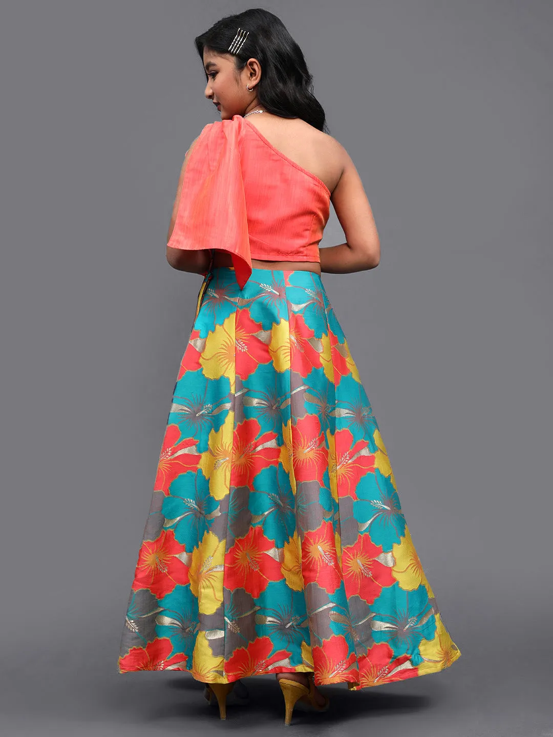 Girl's Coral & Yellow Floral Jacquard Woven Design Lehenga Choli - Aks Girls