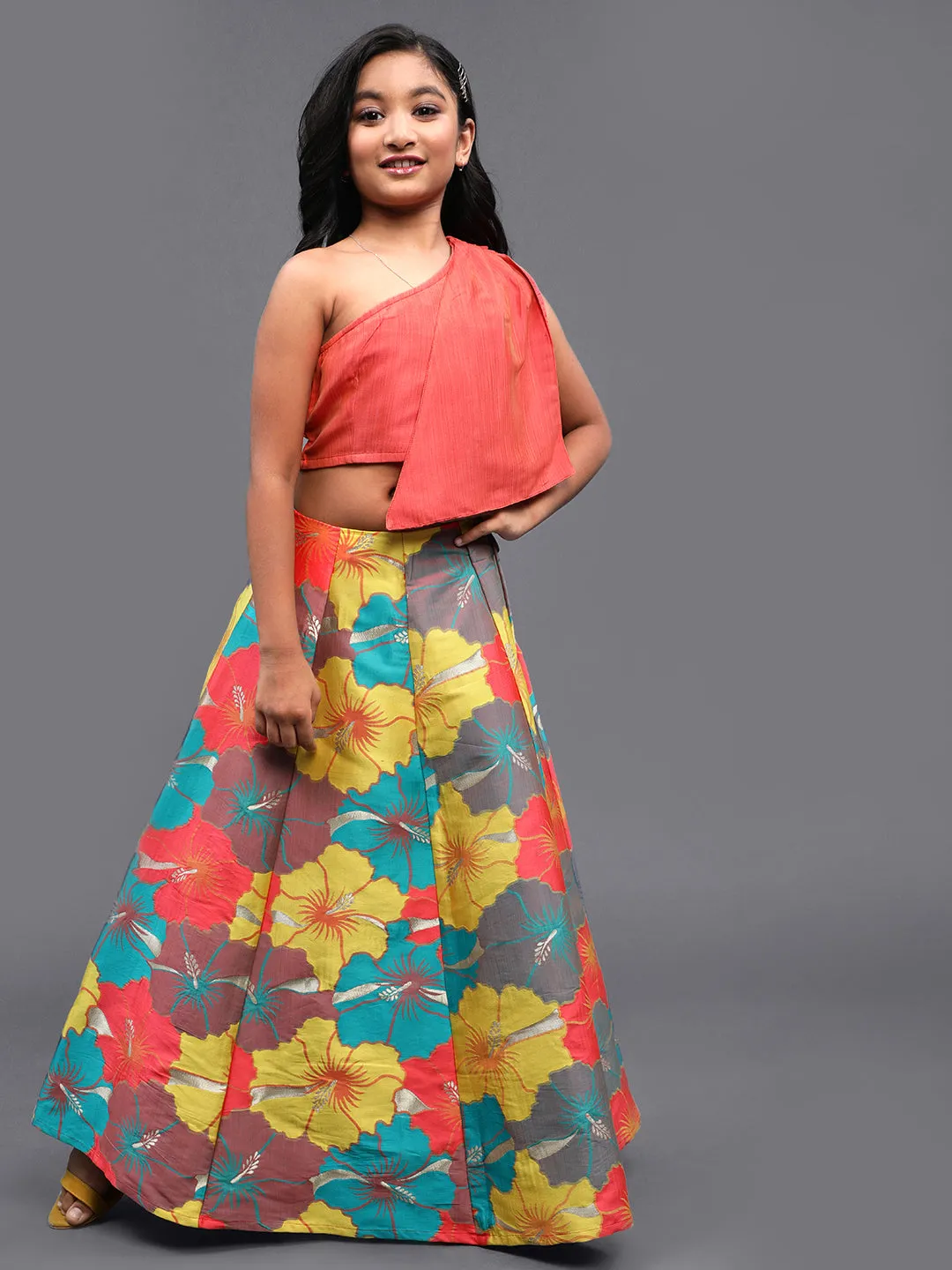 Girl's Coral & Yellow Floral Jacquard Woven Design Lehenga Choli - Aks Girls