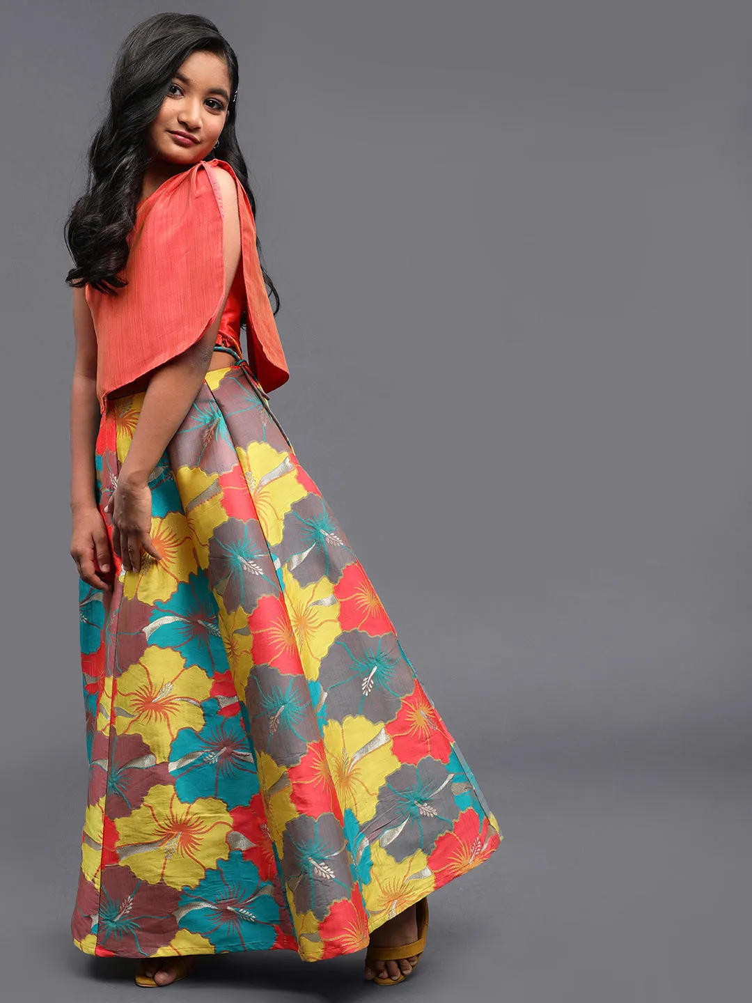 Girl's Coral & Yellow Floral Jacquard Woven Design Lehenga Choli - Aks Girls