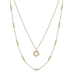 Gold Open Flower with Gold Triple Dot Beaded Layered 16"-18" Necklace