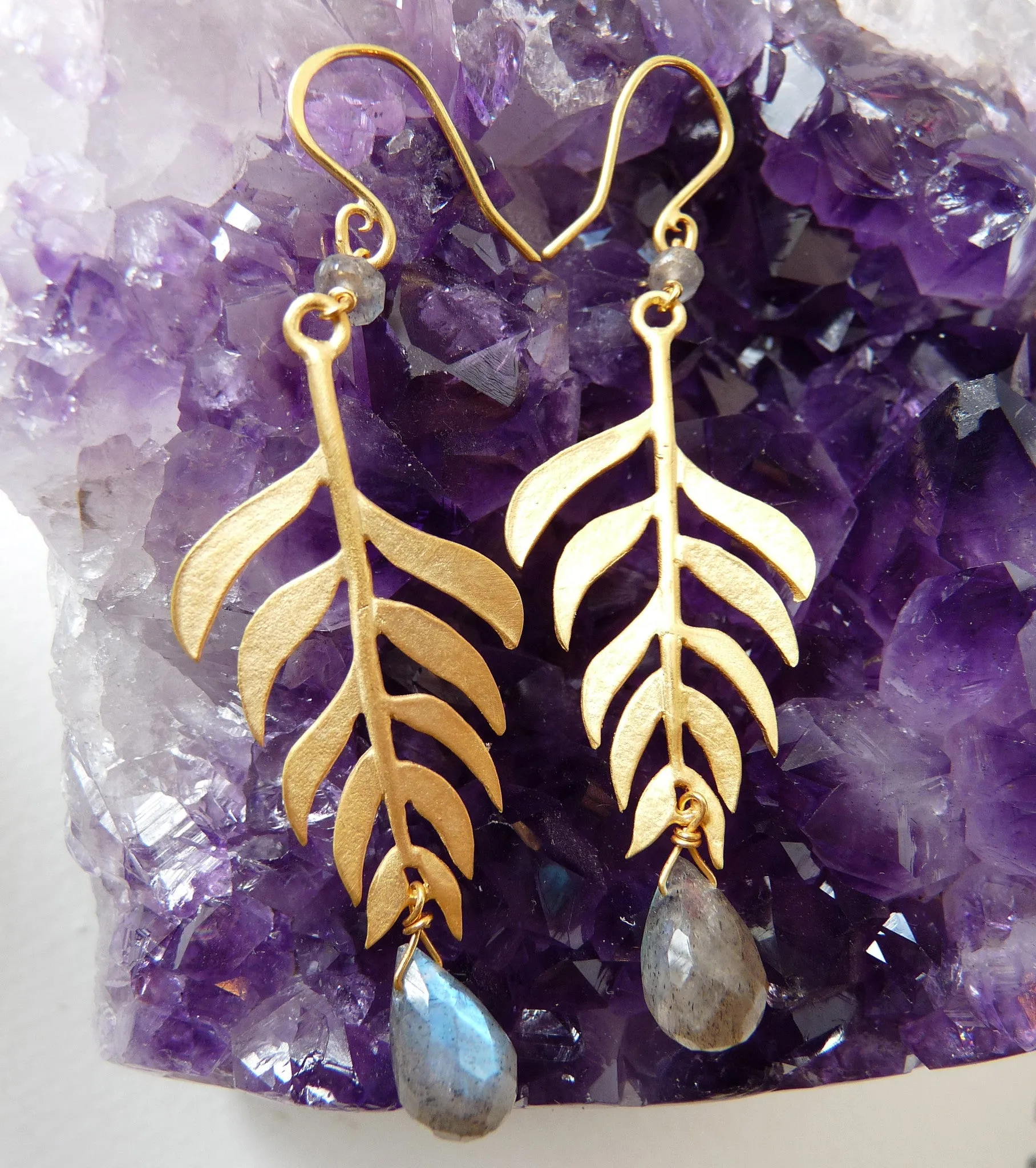 Gold Plated Kiki Leaf Hook Earrings in with Gemstones