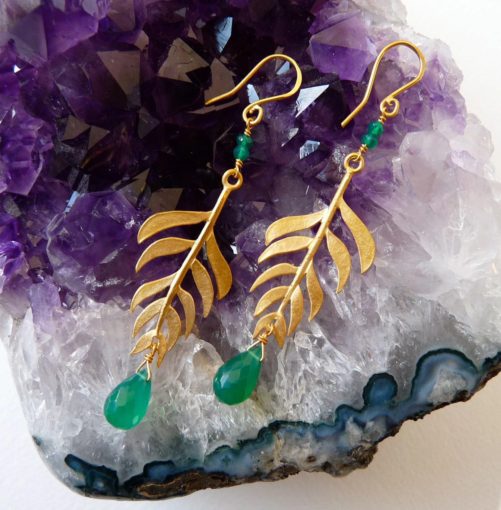 Gold Plated Kiki Leaf Hook Earrings in with Gemstones