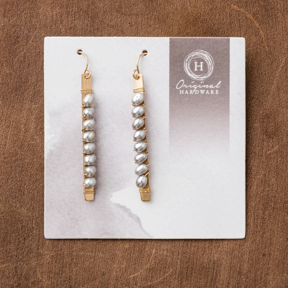Gray Pearl Wrapped Bar Earrings