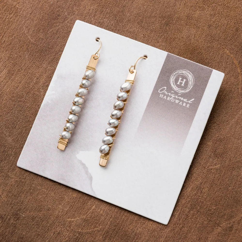 Gray Pearl Wrapped Bar Earrings