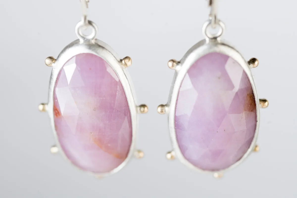 Hailey Pink Sapphire Earrings in Silver Bezel w/ Gold Granule Halo
