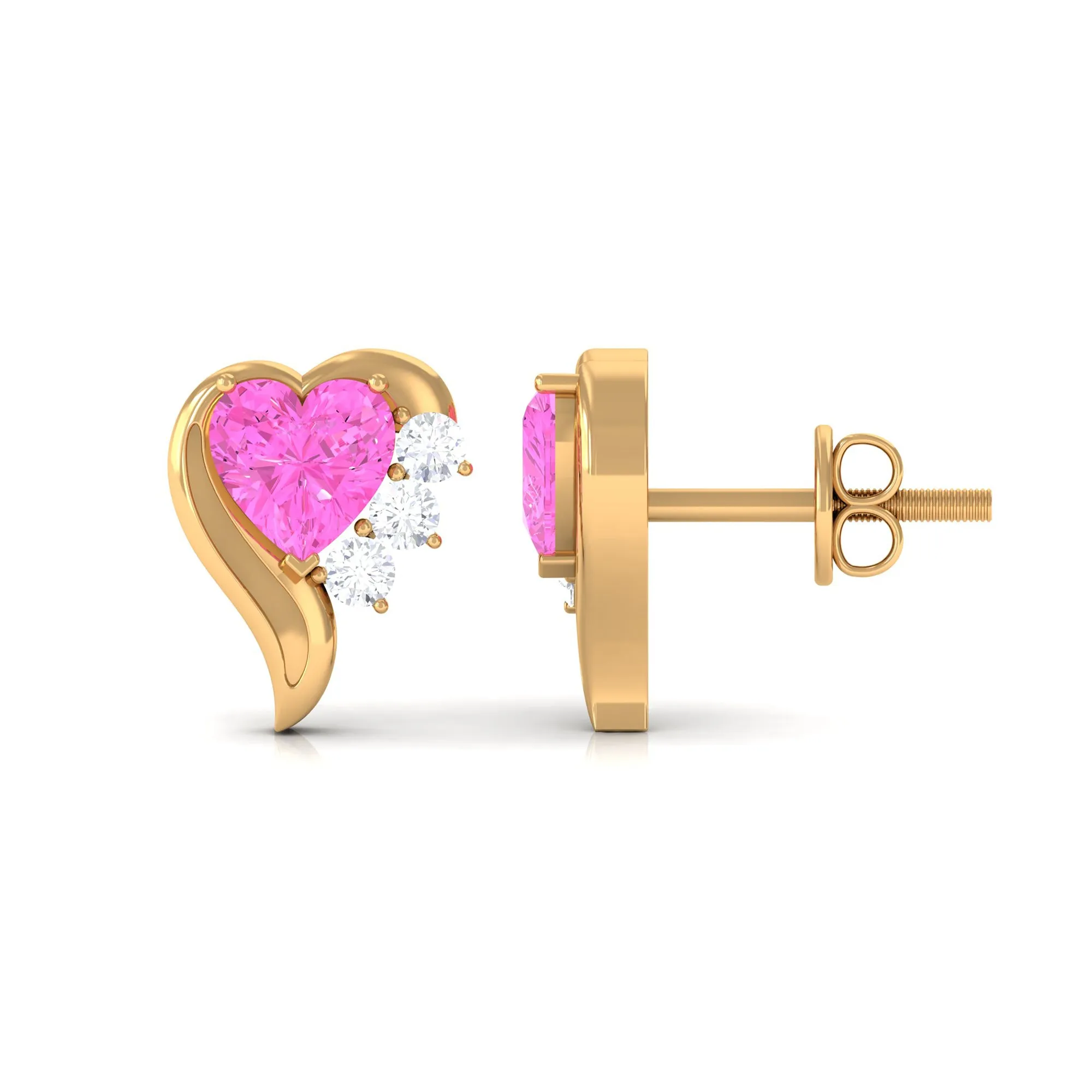 Heart Shape Pink Sapphire and Diamond Minimal Stud Earrings