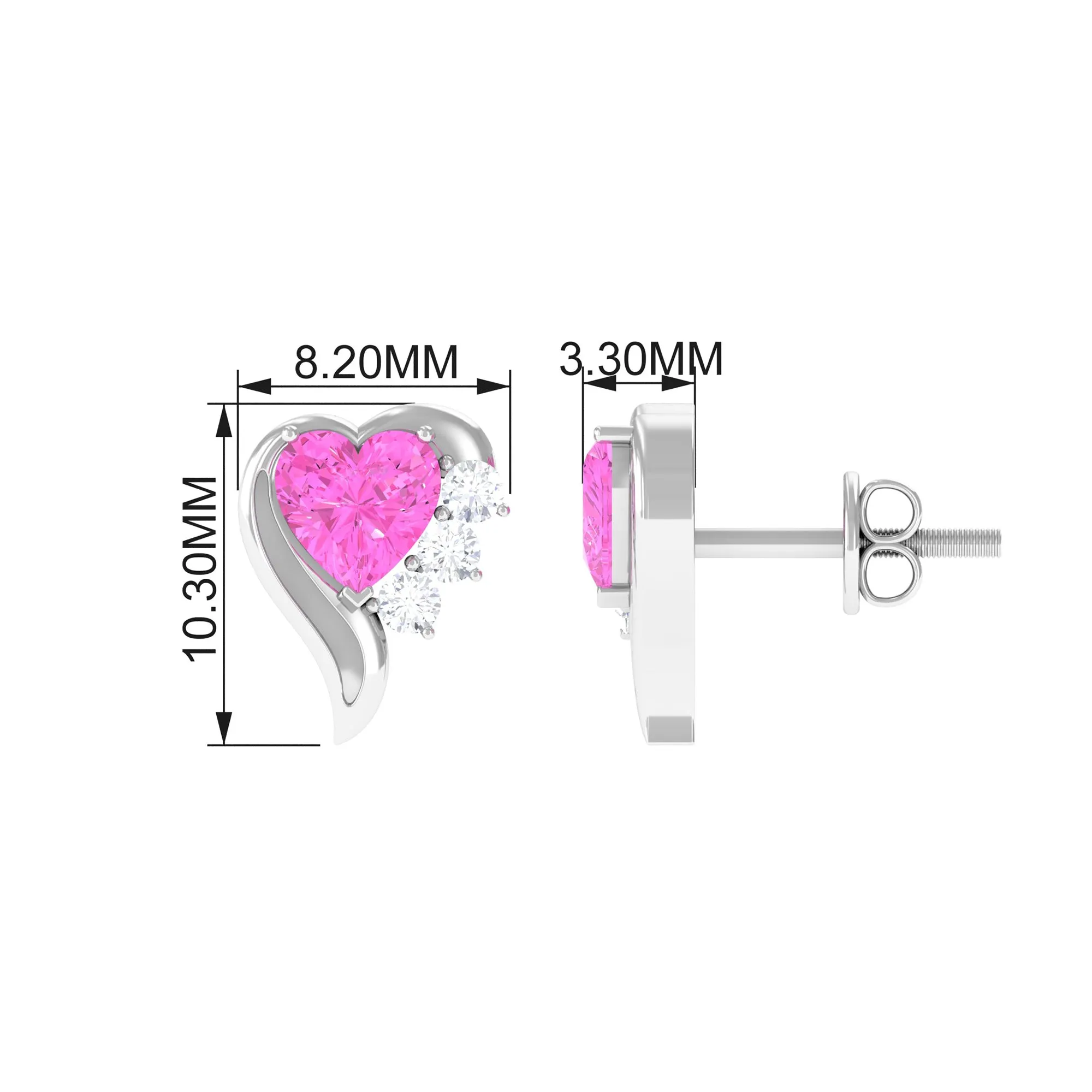 Heart Shape Pink Sapphire and Diamond Minimal Stud Earrings