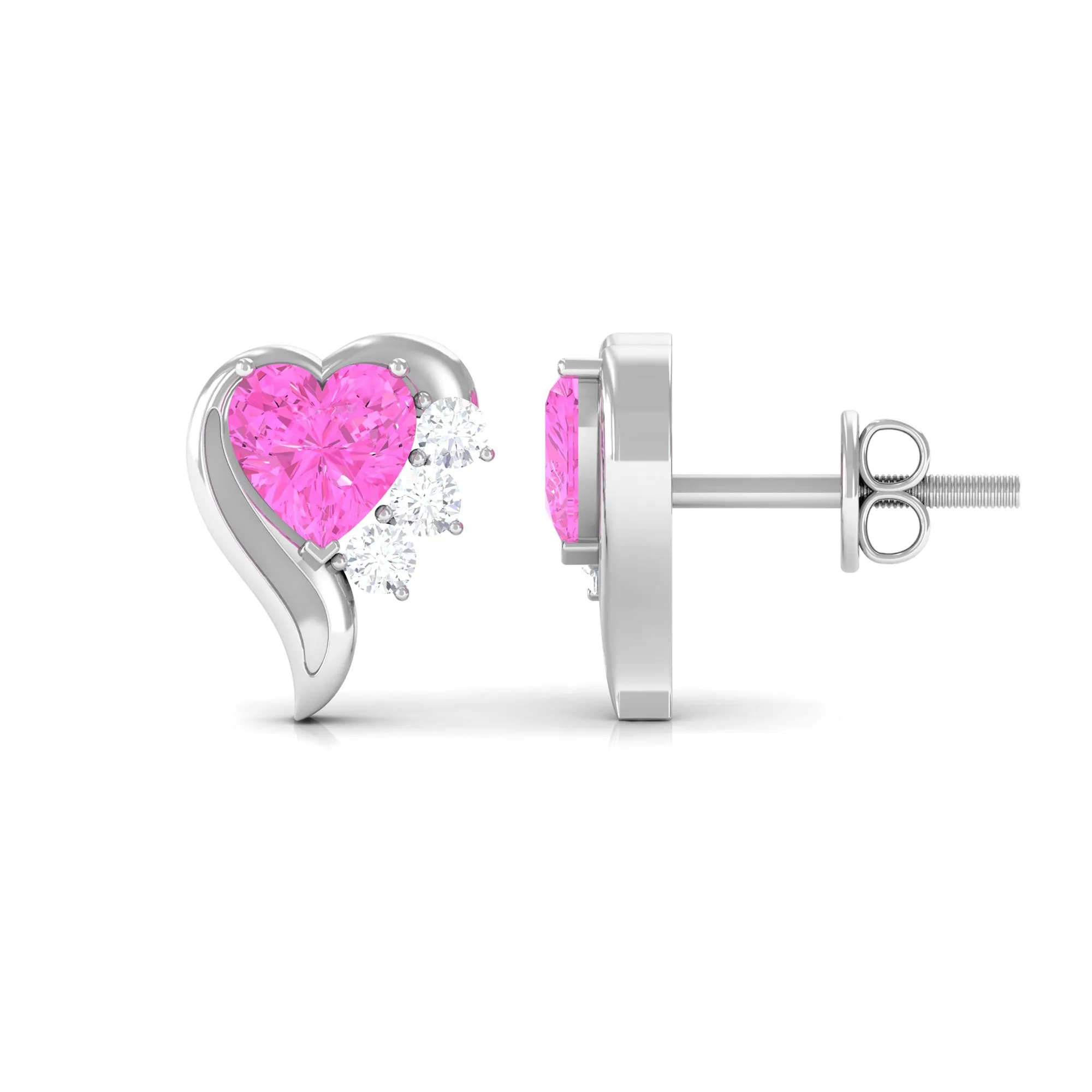 Heart Shape Pink Sapphire and Diamond Minimal Stud Earrings