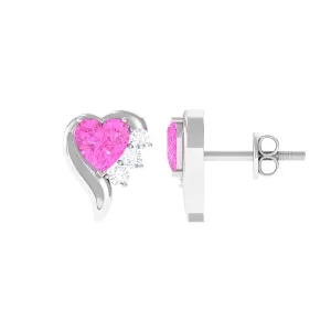 Heart Shape Pink Sapphire and Diamond Minimal Stud Earrings
