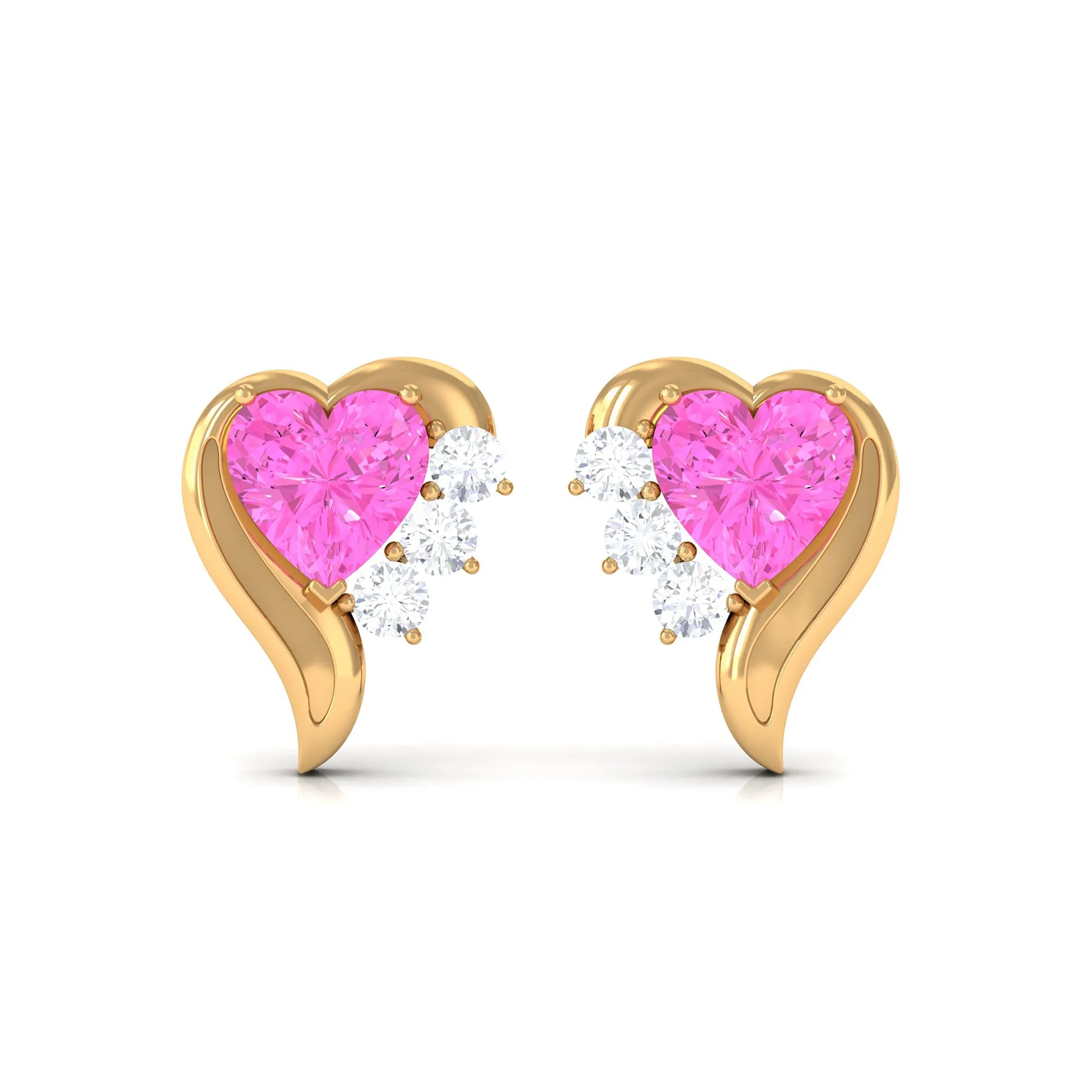 Heart Shape Pink Sapphire and Diamond Minimal Stud Earrings