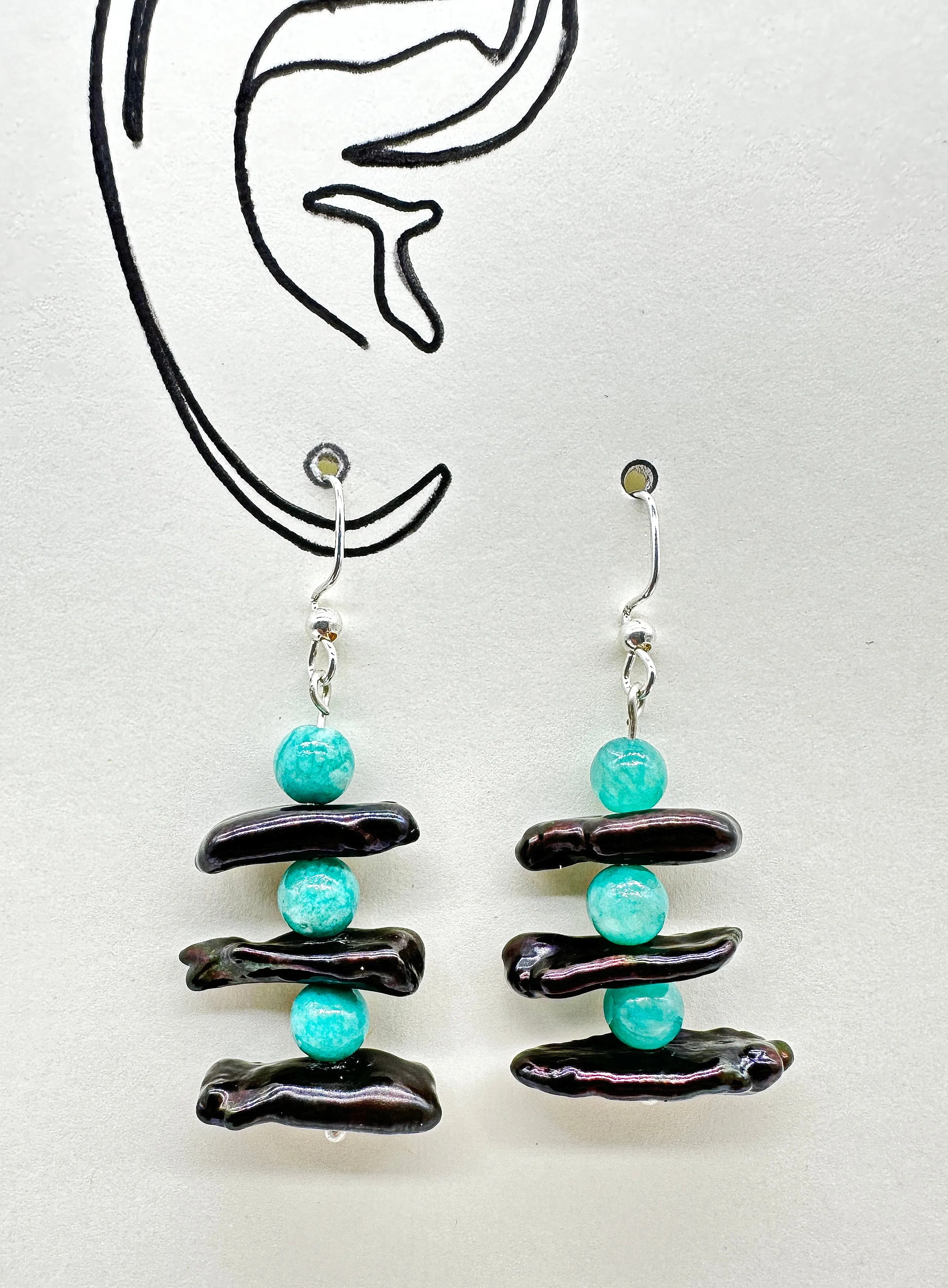 Indigenous Handcrafted Earrings - 'Inukshuk' Blue Aqua Quartz & Mother-of-Pearl