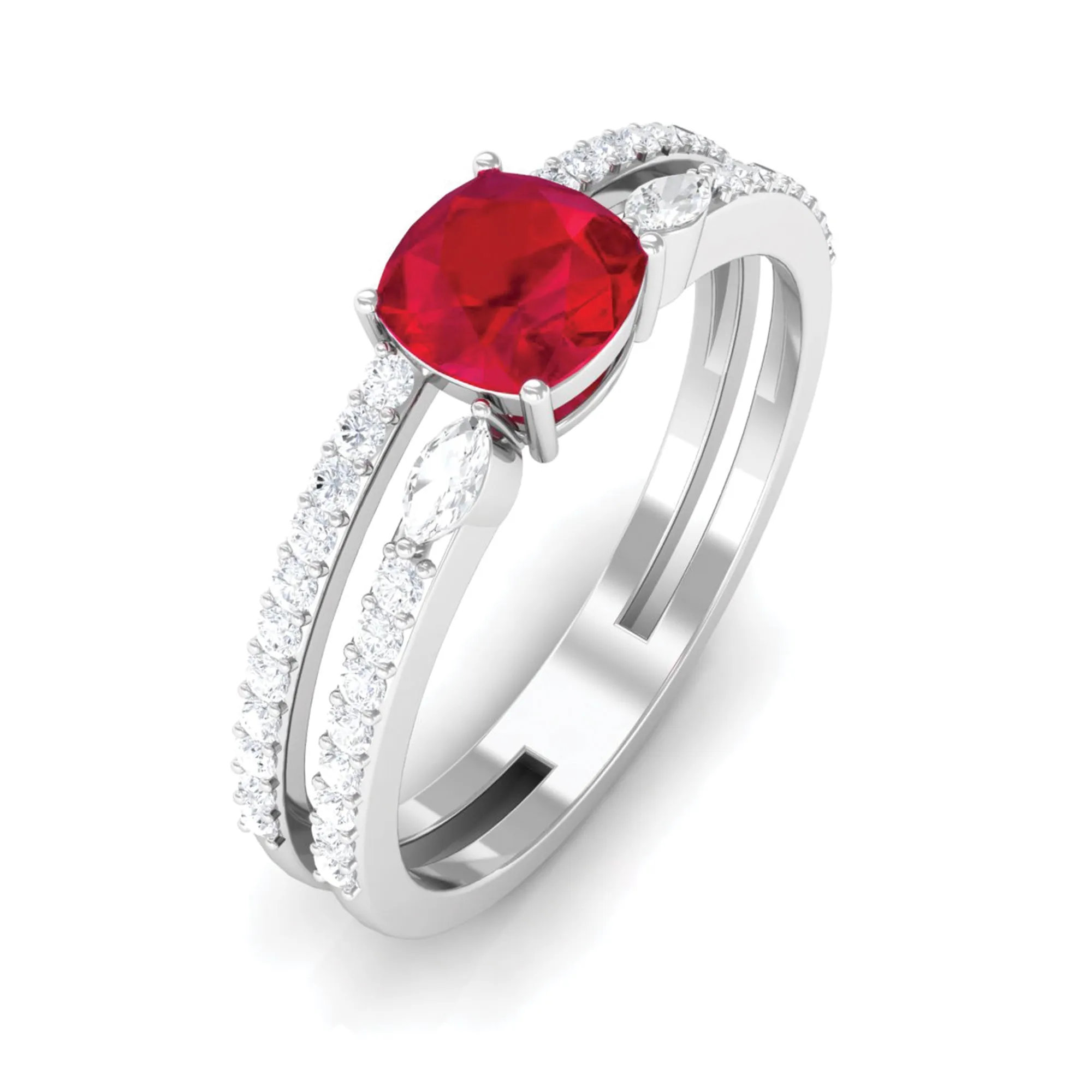 Lab Grown Ruby Anniversary Double Band Ring with Diamond