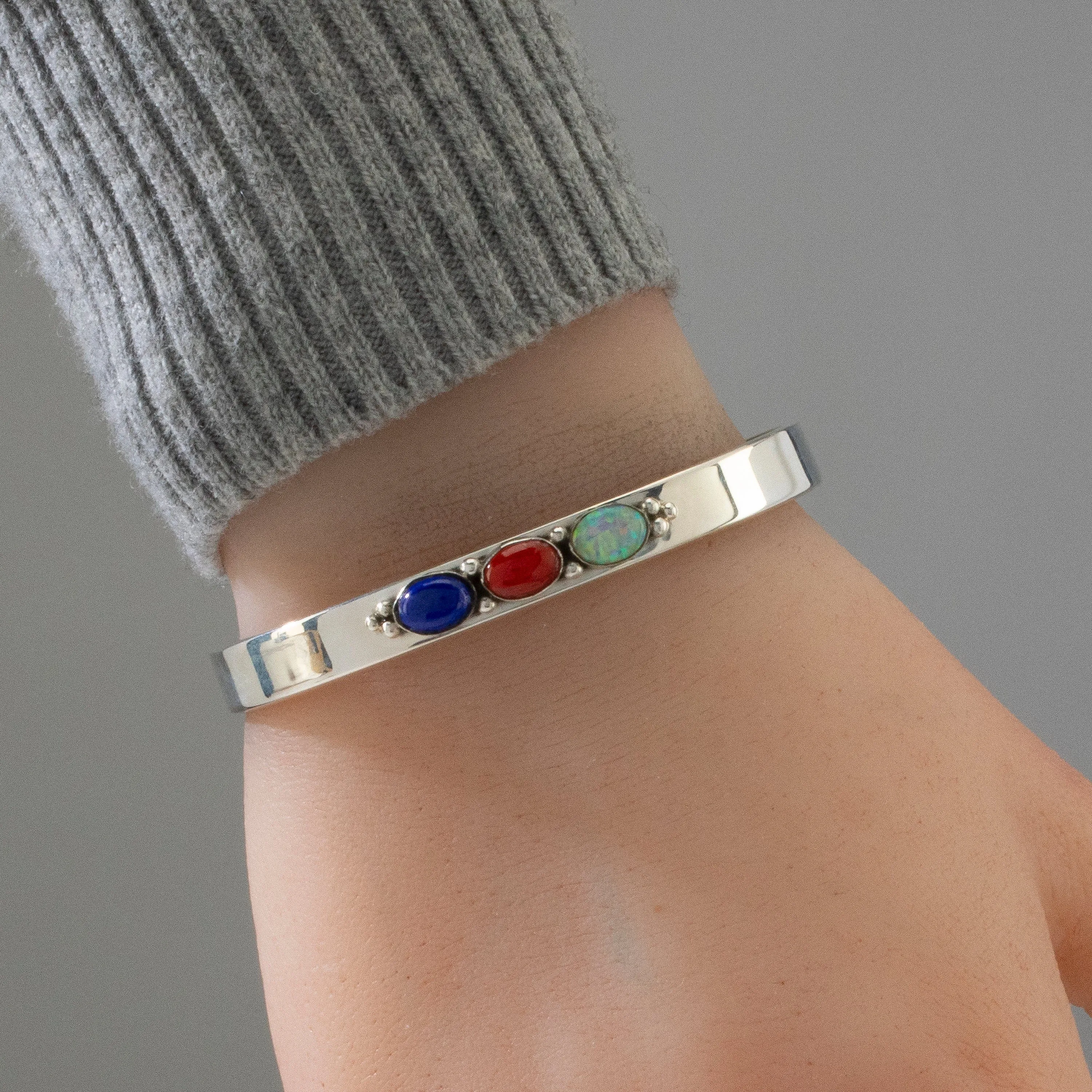 Lapis, Coral, and Opal Navajo USA Native American Made 925 Sterling Silver Cuff
