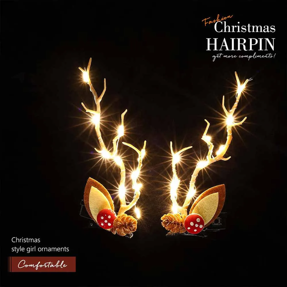 LED Reindeer Antler Hair Clips with Pinecone and Mushroom HP002
