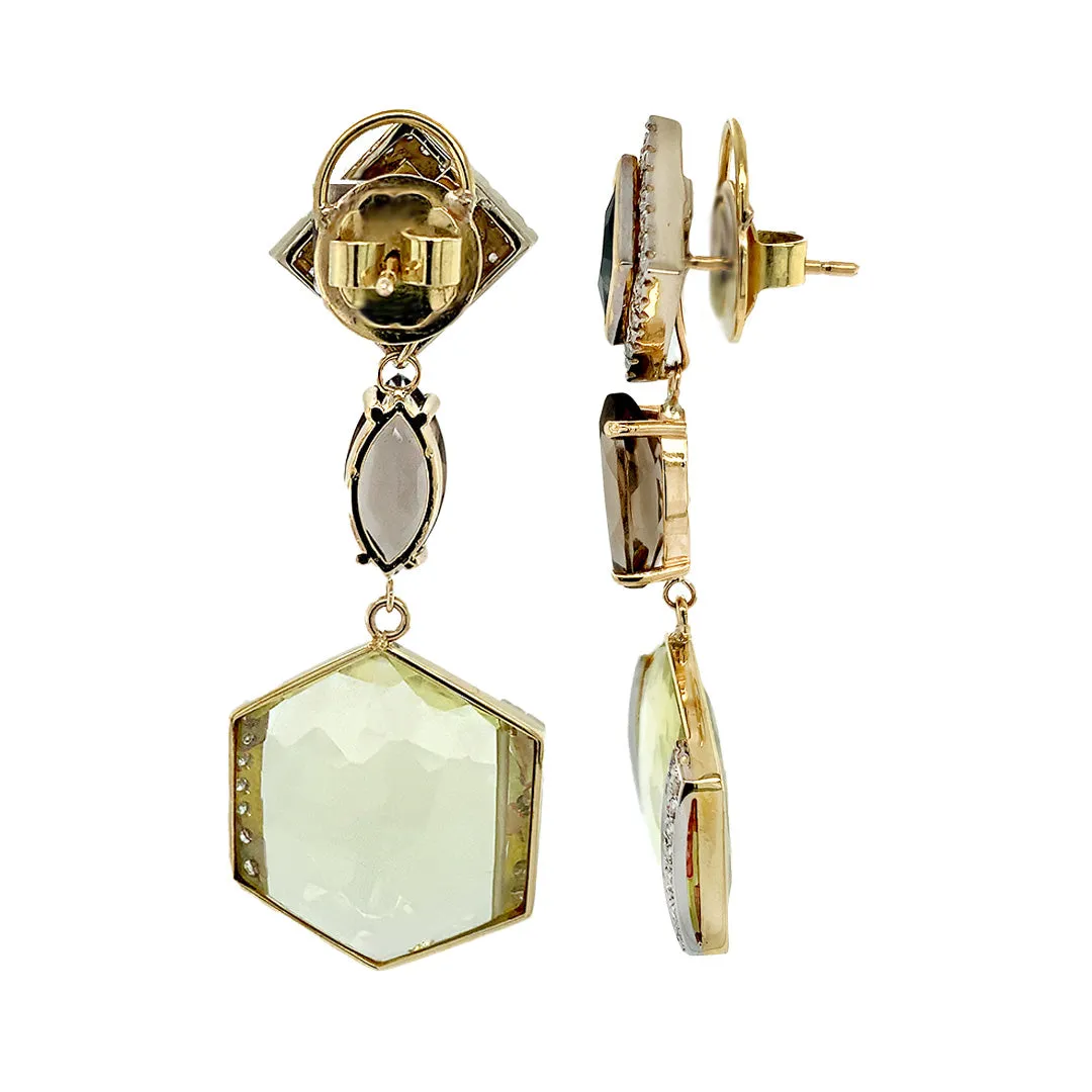 Lemon Citrine, Smokey Quartz and Diamonds Earring Pendants